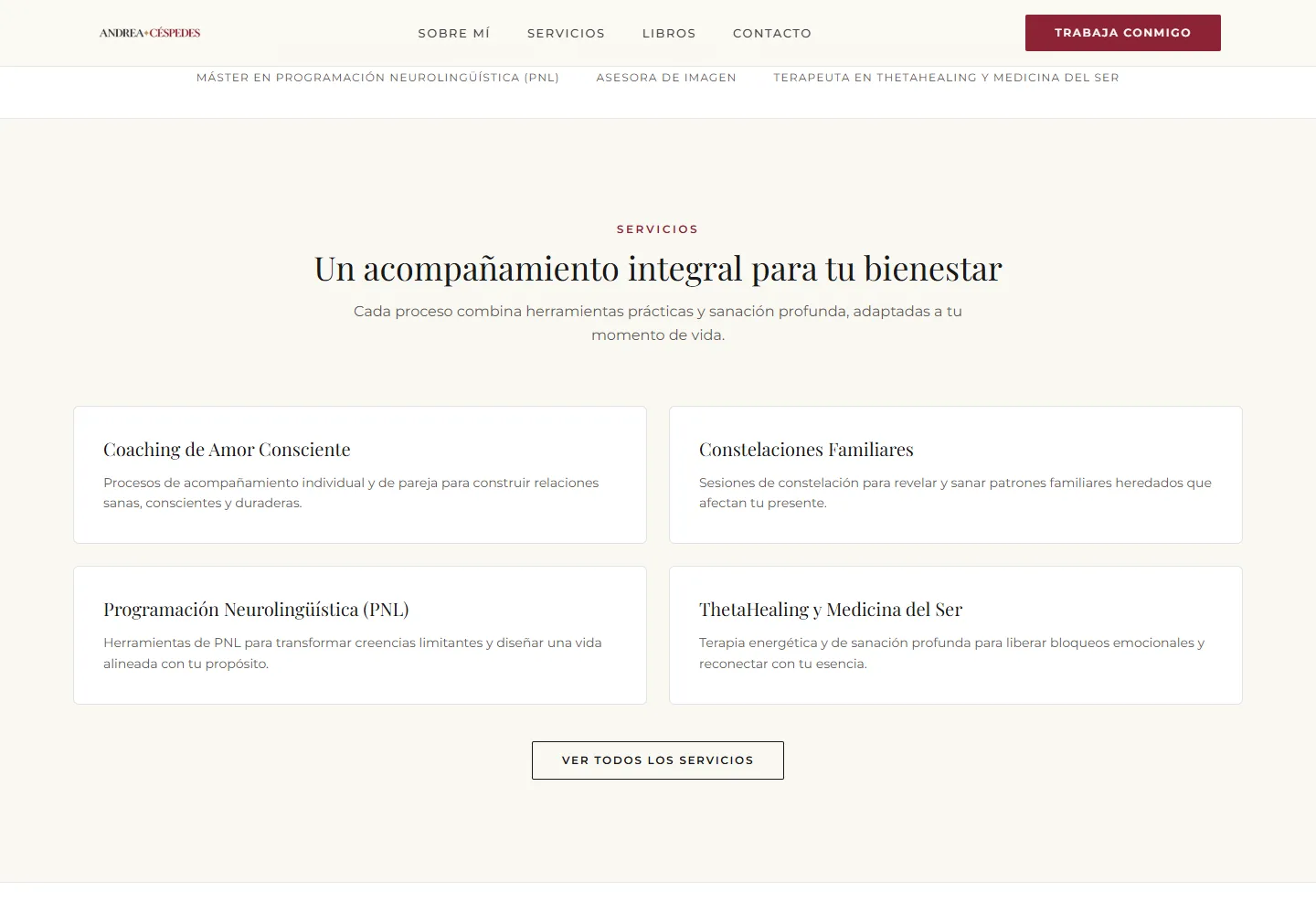 Sección de servicios de Andrea Céspedes en vista de escritorio