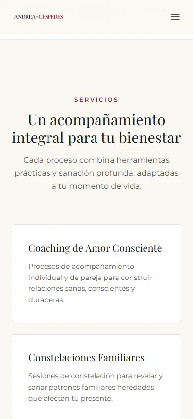 Sección de servicios de Andrea Céspedes en dispositivo móvil