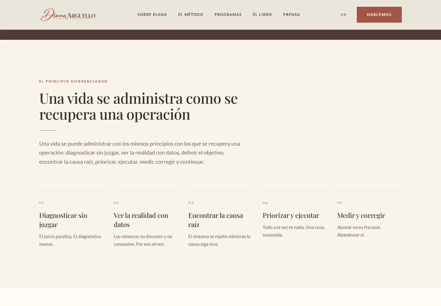 Sección de metodología de Diana Arguello en vista de escritorio