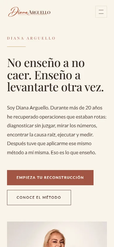Página principal de Diana Arguello en dispositivo móvil