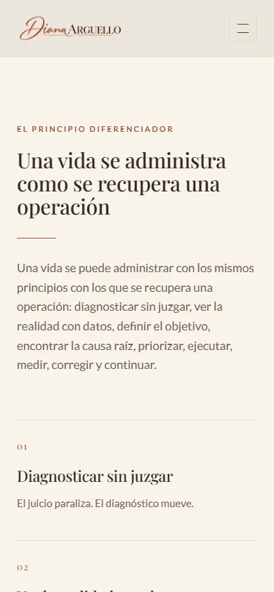 Sección de metodología de Diana Arguello en dispositivo móvil