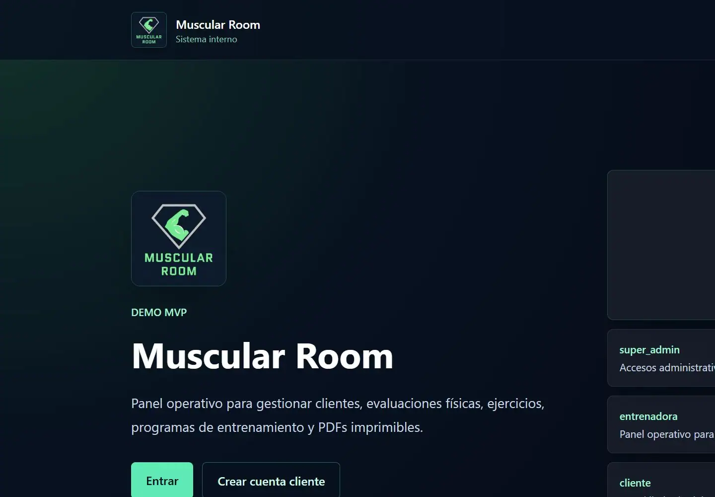Página principal de Muscular Room con diseño de alto contraste