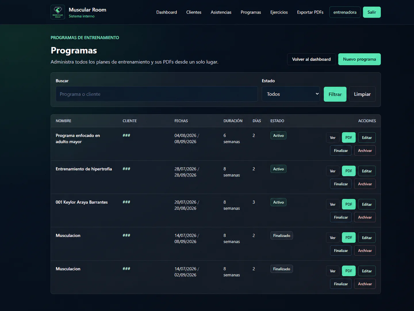 Captura de la sección de programas de Muscular Room