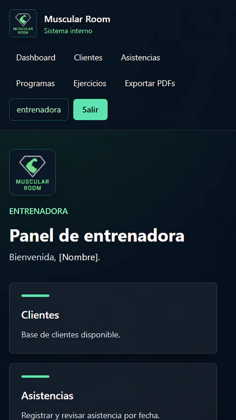 Captura del panel de Muscular Room en dispositivo móvil