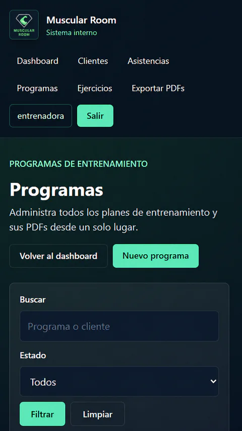 Captura de programas de Muscular Room en dispositivo móvil