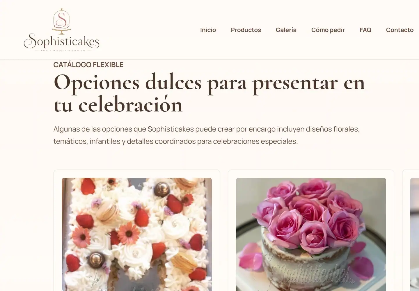 Sección de productos de Sophisticakes en vista de escritorio