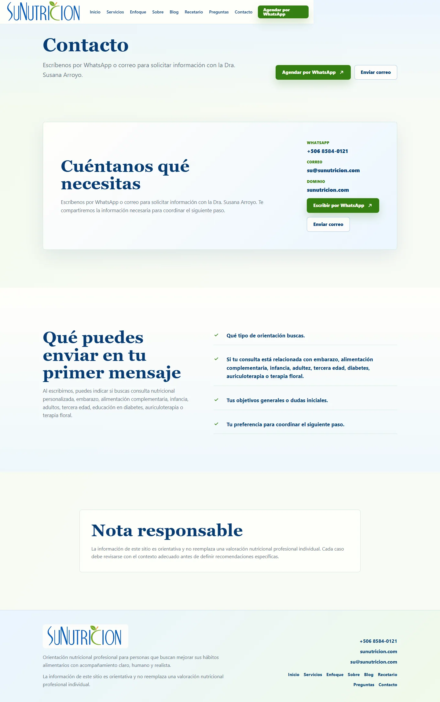 Sección de contacto de Sunutricion en vista de escritorio