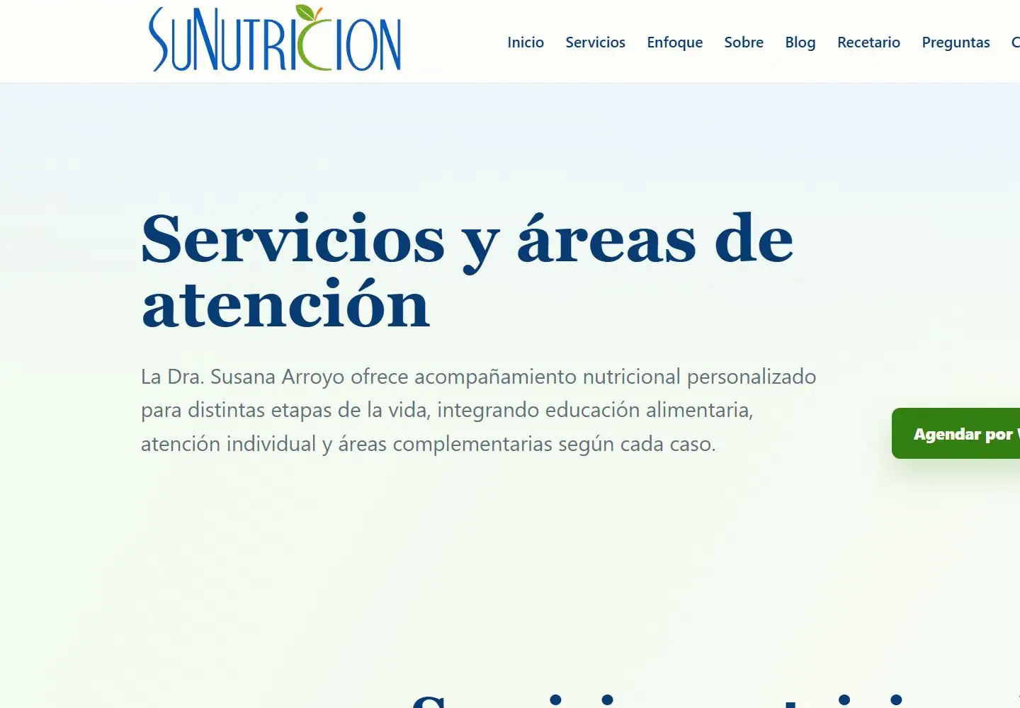 Página de servicios de Sunutricion en vista de escritorio