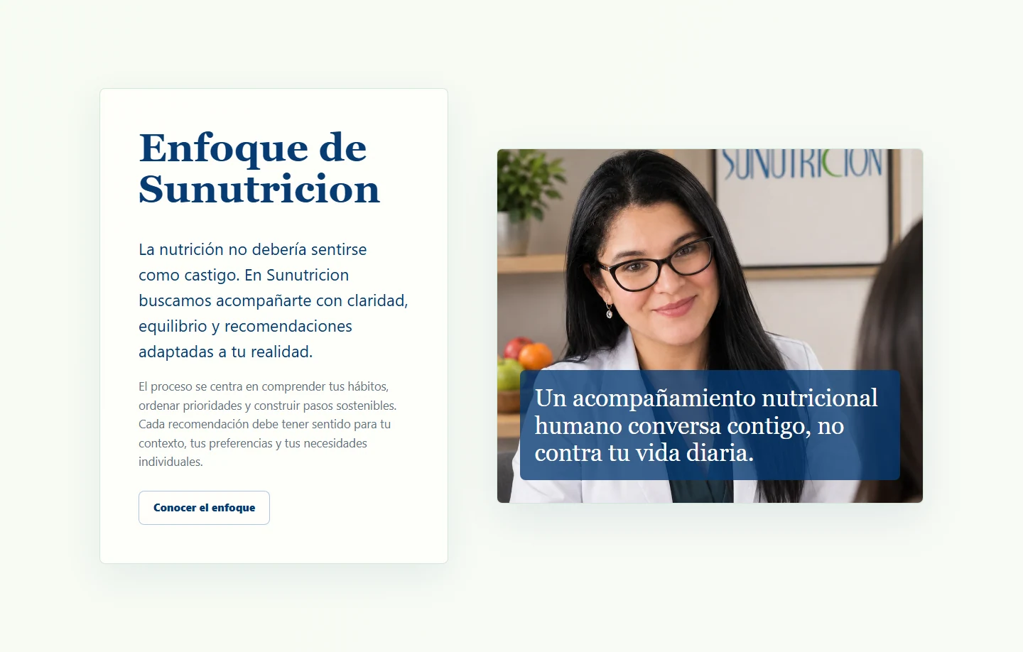 Sección de Sunutricion con la Dra. Susana Arroyo explicando el enfoque de consulta