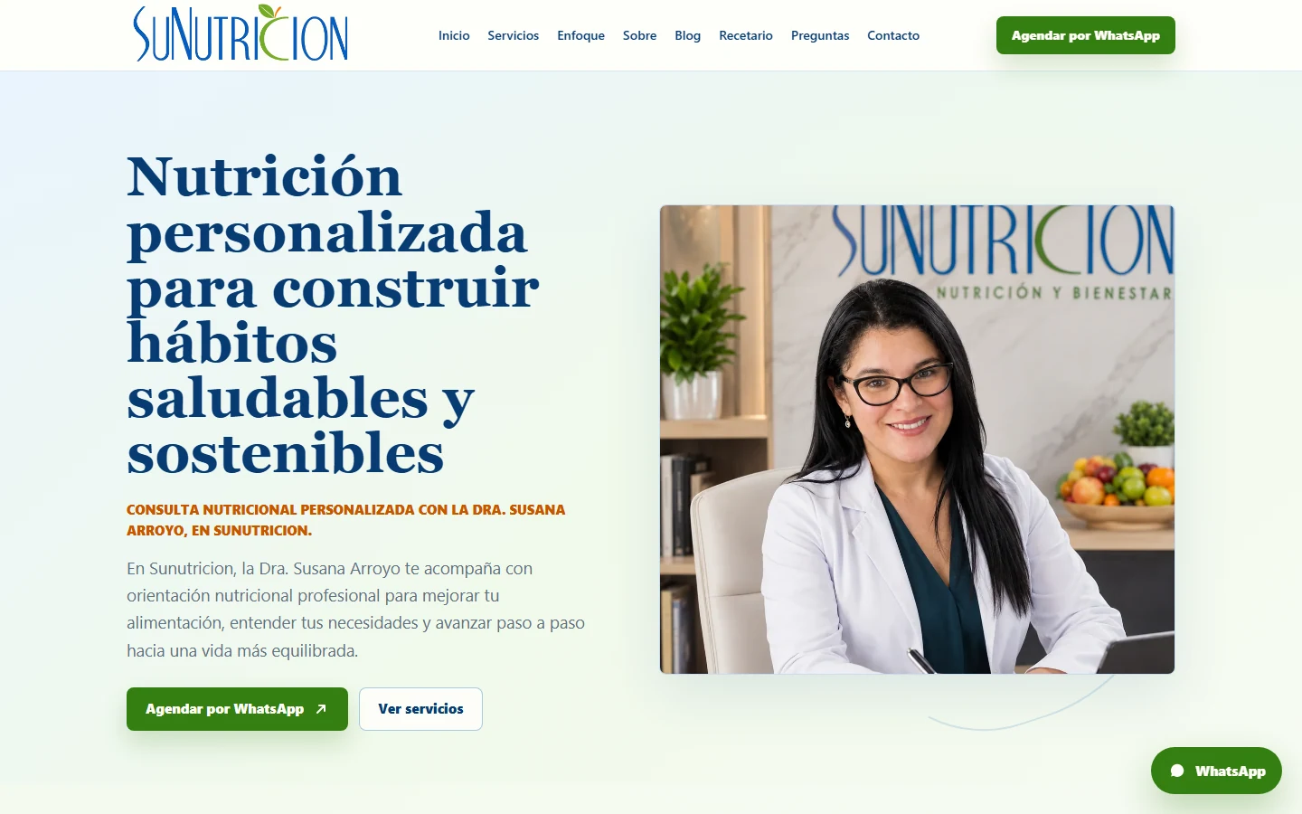 Página principal de Sunutricion con la Dra. Susana Arroyo y el mensaje de nutrición personalizada