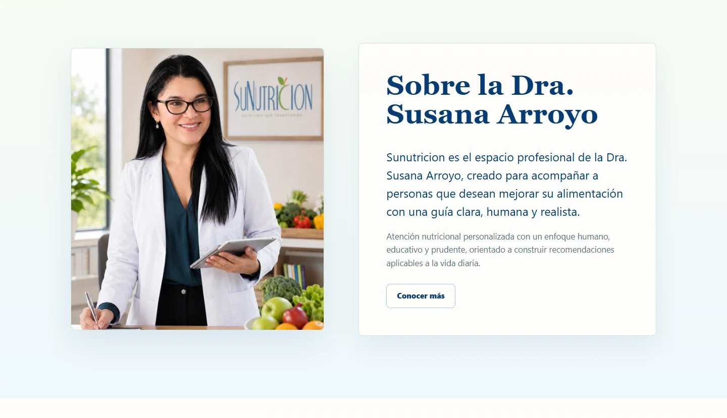Sección de presentación de la Dra. Susana Arroyo en el sitio Sunutricion